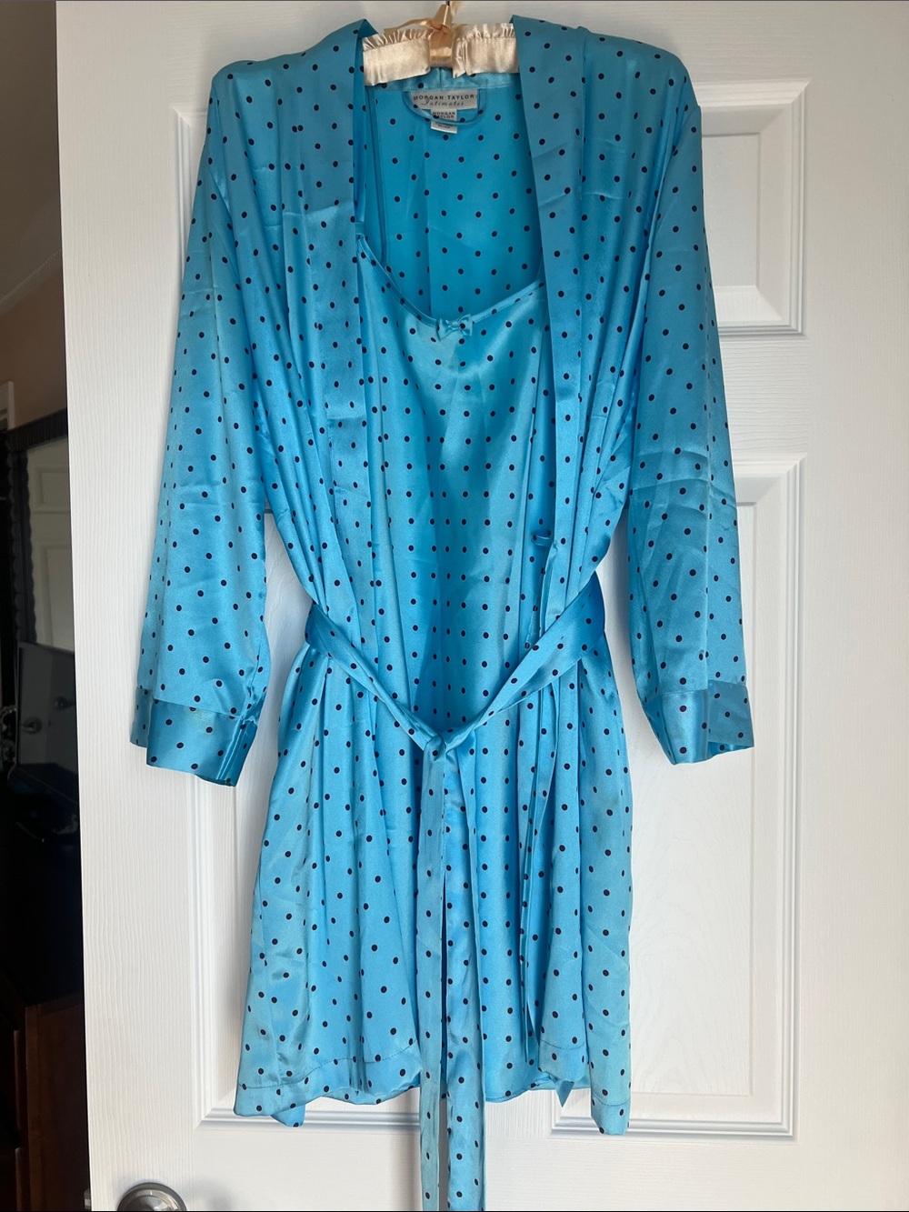 Morgan Taylor Turquoise Satin Polka Dot Robe and Slip Set